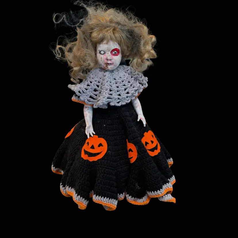10 Vintage Upcycled Creepy Doll Jack-O’-Lantern Dress Heavy Halloween Decor 18 Inch Withstand