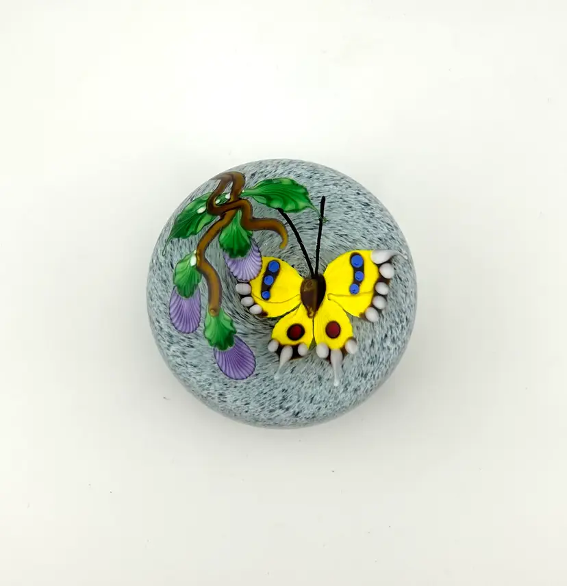 2021 Mayauel Ward Butterfly With Flowers Glass Paperweight 3”x 2.75”