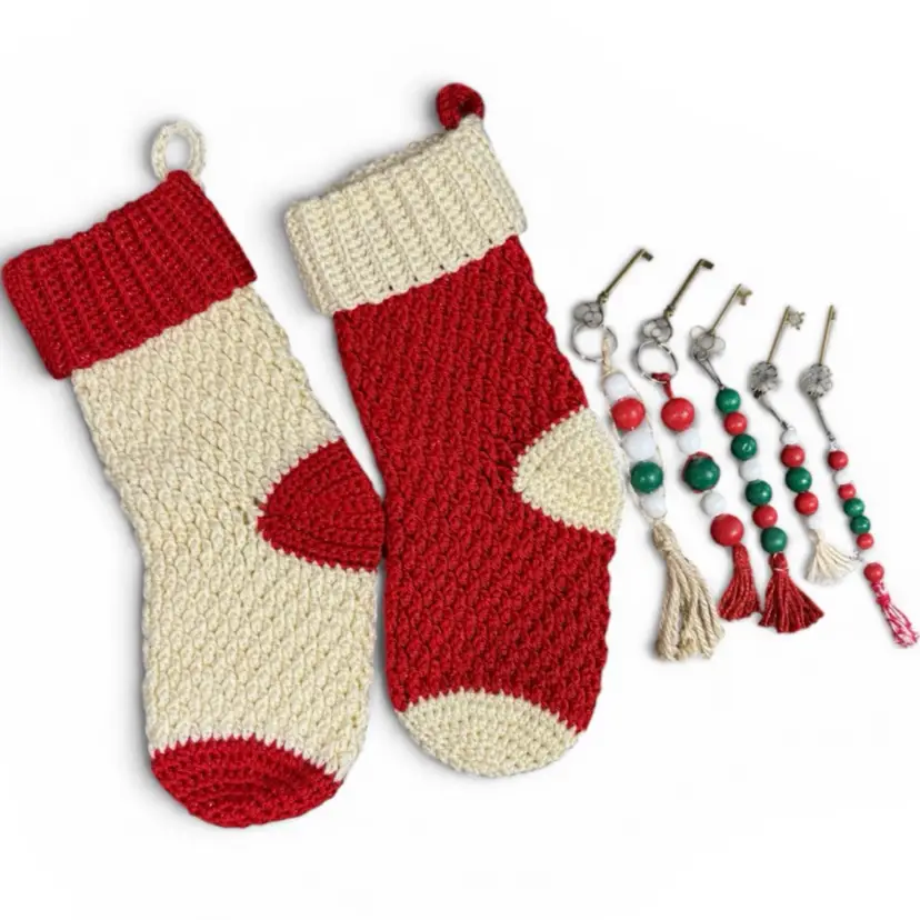 Pair of Handmade Matching Crochet Christmas Stockings with Choice Of Santa Key