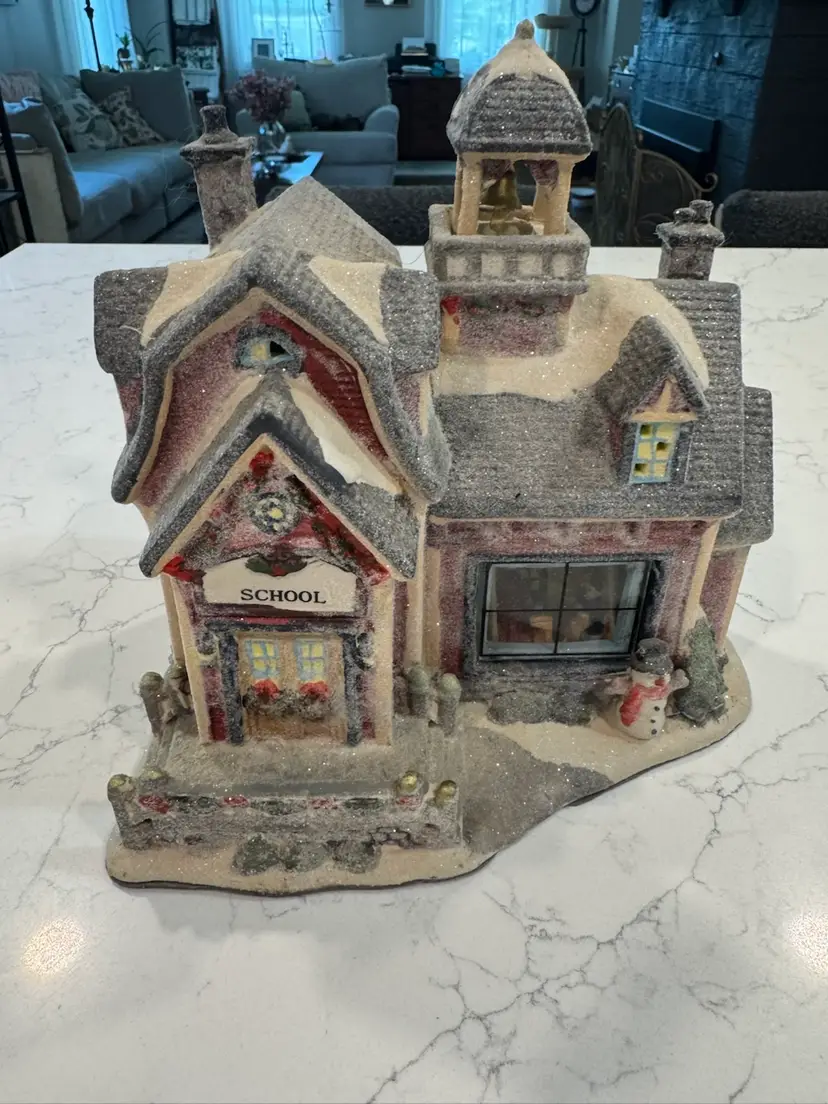 🪹Decorative Porcelain Holiday Village Schoolhouse With Snowy Glittery Finish