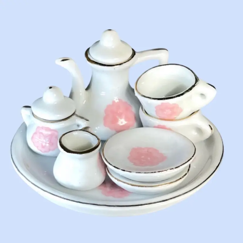 #123- Miniature Coffee Tea Set Pink Flower 10pc Coffee Pot Creamer Sugar Saucers Cups Doll House