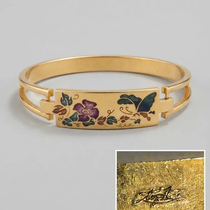 Napier Enamel Floral & Butterfly Gold-Tone Bangle Bracelet