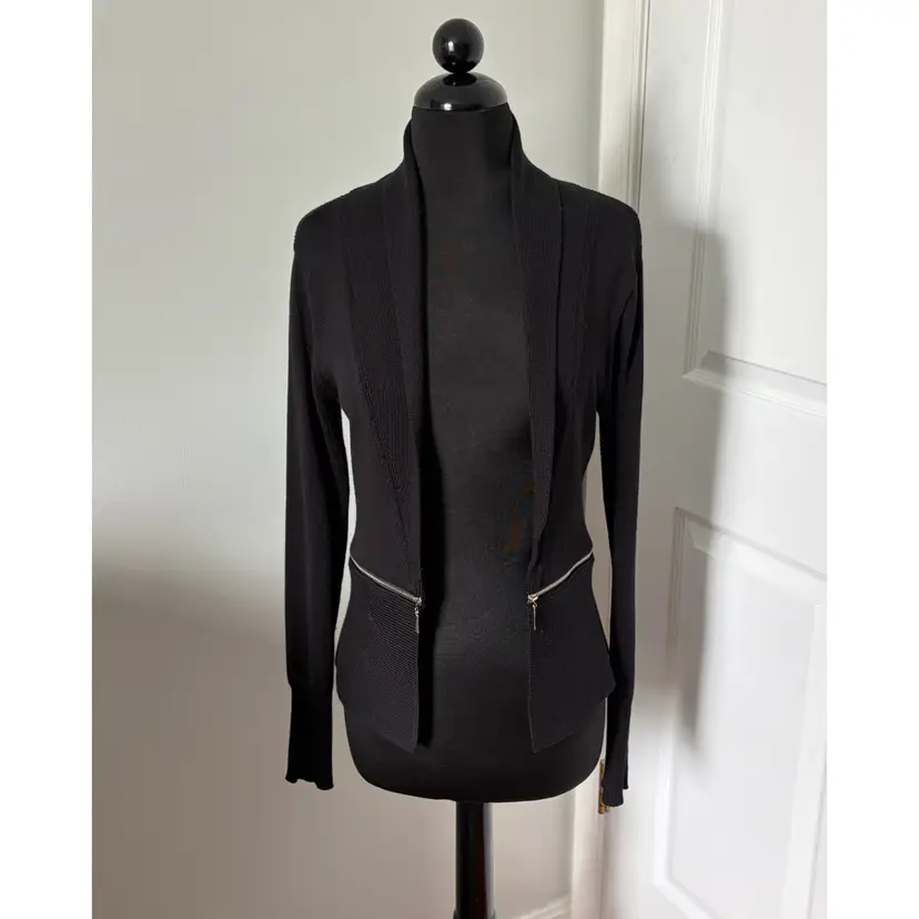 PREMISE, Black Rayon/Nylon, Long Sleeve Sweater, Lapels, Faux Zip Pockets Size Small