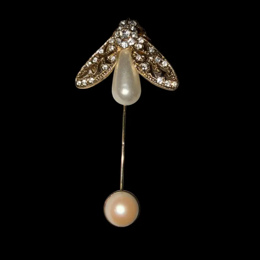 Gold-Tone Insect Hatpin with Rhinestones and Faux Pearl