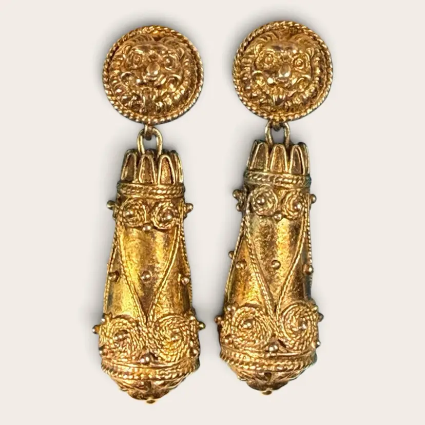 Vintage 1994 MMA 925 Sterling Gold Vermeil Etruscan Lion Mask Torpedo Drop Earrings 1.5” Drop