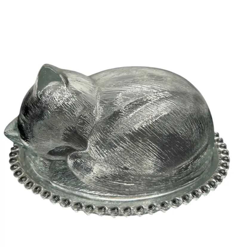 Vintage Clear Indiana Glass Cat On Nest Lidded Dish @7x5
