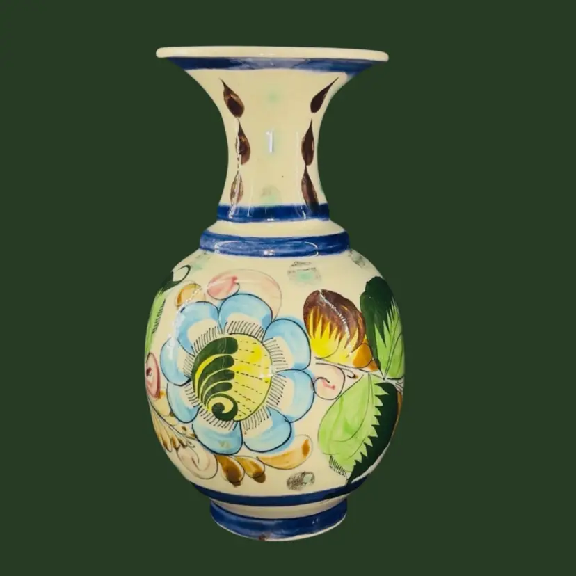 8” Vintage Tonala Pottery Vase Mexico Folk Art “Flor De Tonala” Design