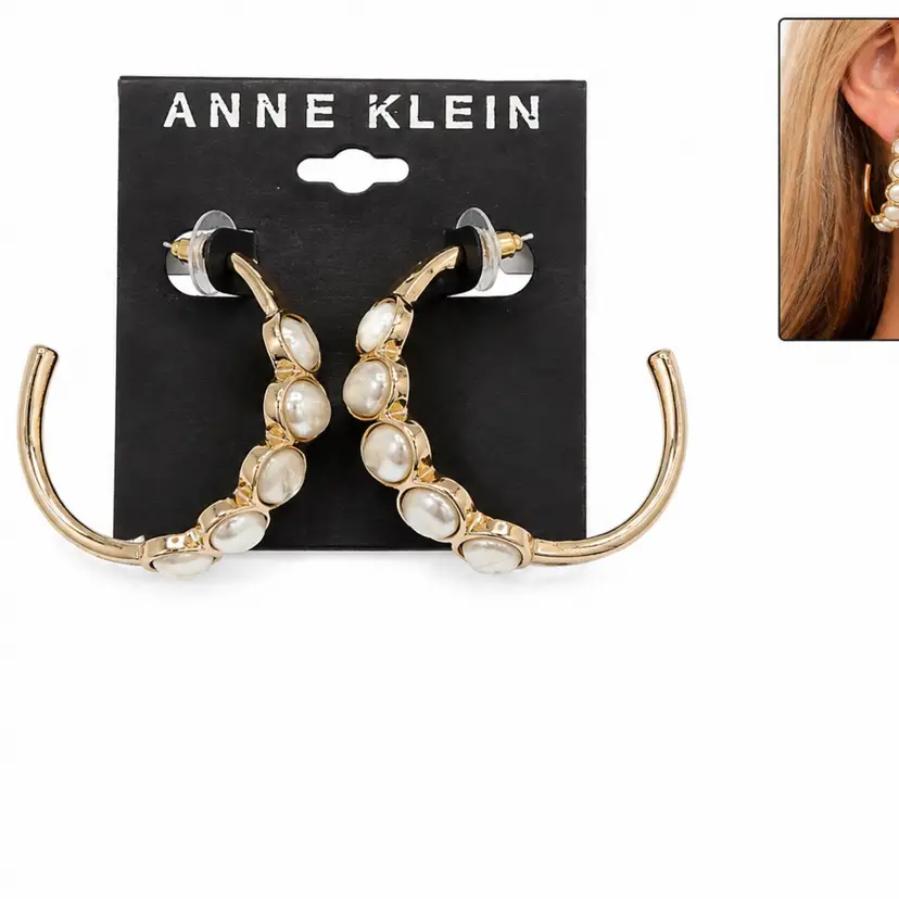 $30 Anne Klein Gold Pearl Color C Hoop Earrings Post Cute Gift