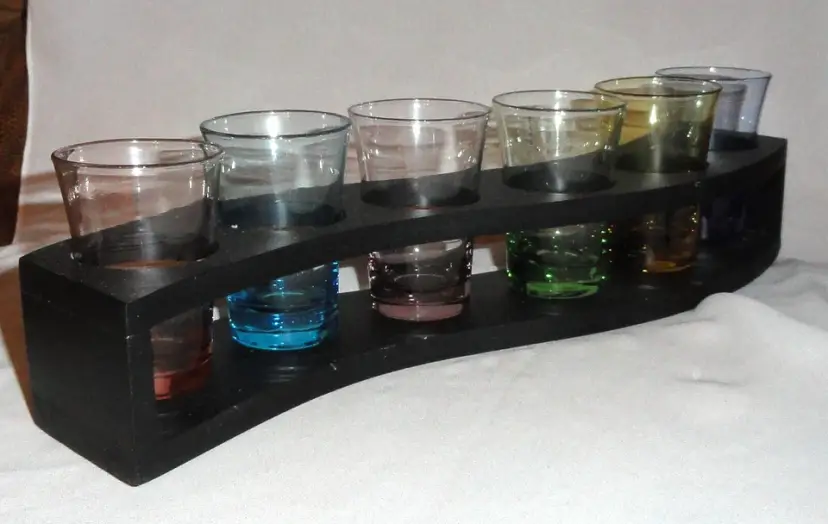 Vintage Set MCM Colored Shot Glasses ~ Curved Wooden Holder ~ Retro Barware