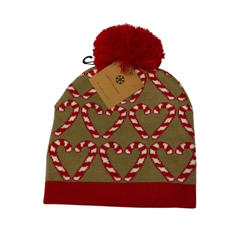 Candy Cane Heart Holiday Pom-Pom Stocking Hat