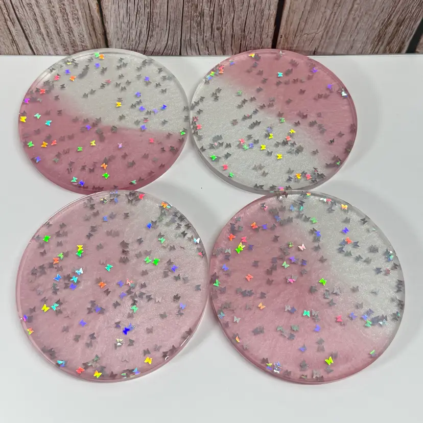 Set Of 4 Handmade Pink/White Resin Coasters With Butterflies