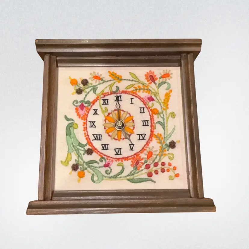 Vintage Crewel Needlework Shelf Clock 7.5” READ
