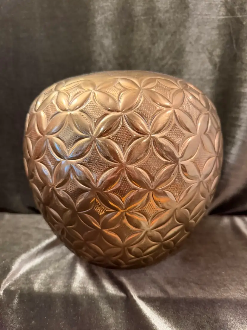 Vintage Indian Solid Brass Planter Urn – 8.5" Geometric Embossed Floral Pattern Cachepot