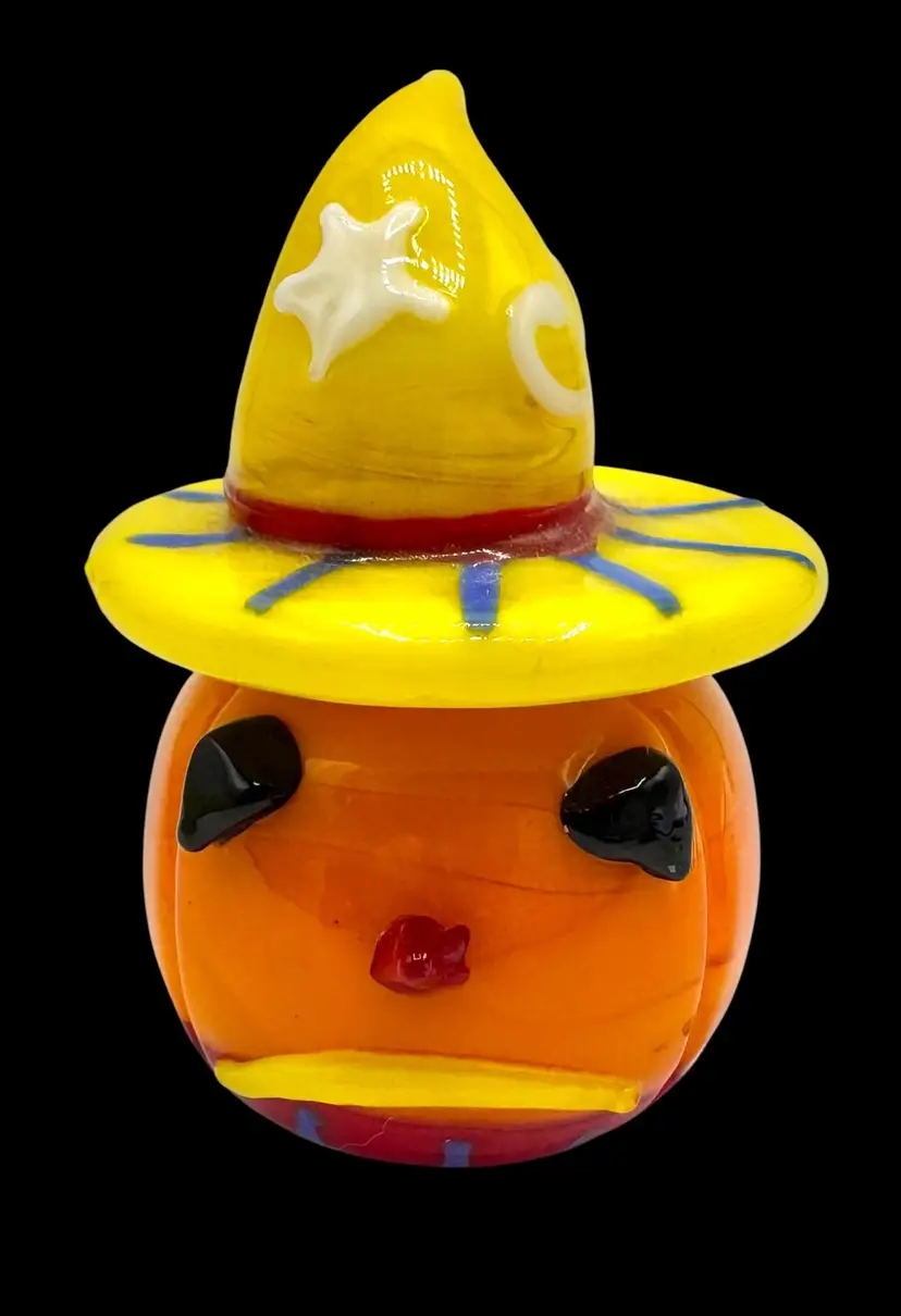 Vintage Blown Art Glass Pumpkin Jack O Lantern Figurine Yellow Hat Halloween