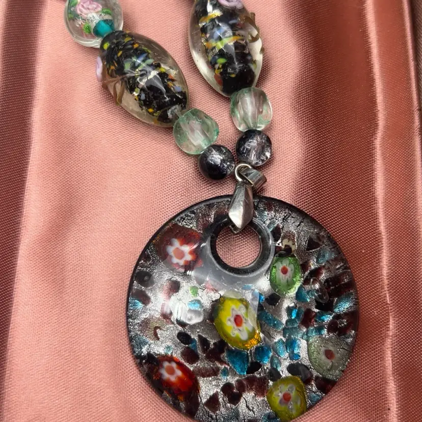 Vintage Artisan Murano Style Pick Of The Week ** Millefiori & Dichroic Glass Necklace 18” with 2” Glass Donut Pendant Lampwork Beads