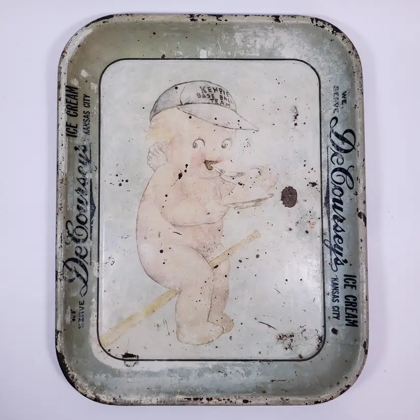Art Deco ROSE O'NEILL Baseball Kewpie DeCourseys Ice Cream LITHO ADVERT TIN TRAY