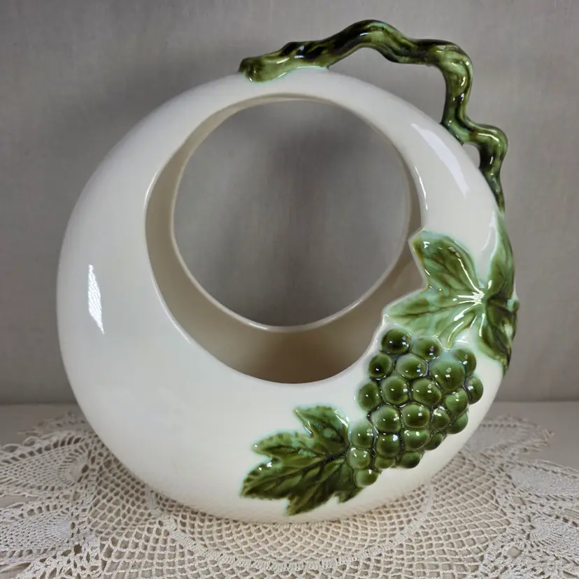 Hull Pottery Tokay Moon Basket Planter MCM Ceramic Grapevine Design 11" Tall