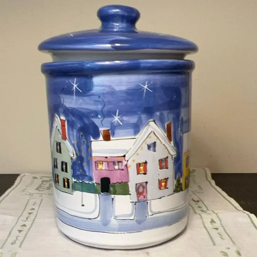 🏔️Vintage Starbucks Canister Ceramic Jar Hungary Winter Village Signed Coffee Hand Painted