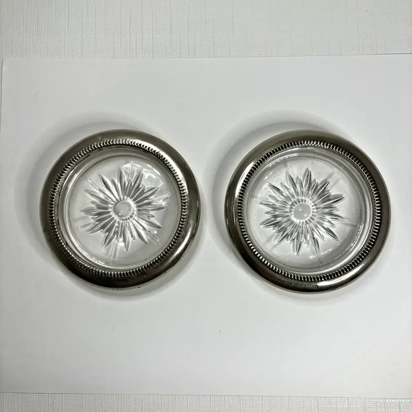 Vintage Mid Century Silverplate Leonard Coasters Crystal Starburst Signed Set 2