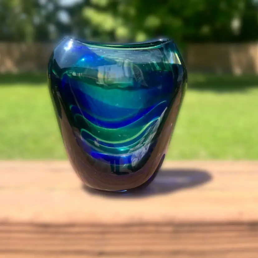One-of-a-kind Cobalt And Sea Green Swirled Art Glass Vase