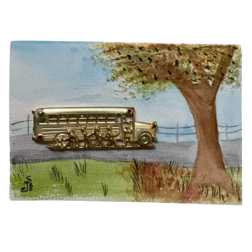 Original Watercolor Card With Vintage School Bus Brooch. Comes With Tissue And Box 5” X 3.5” Blank Inside