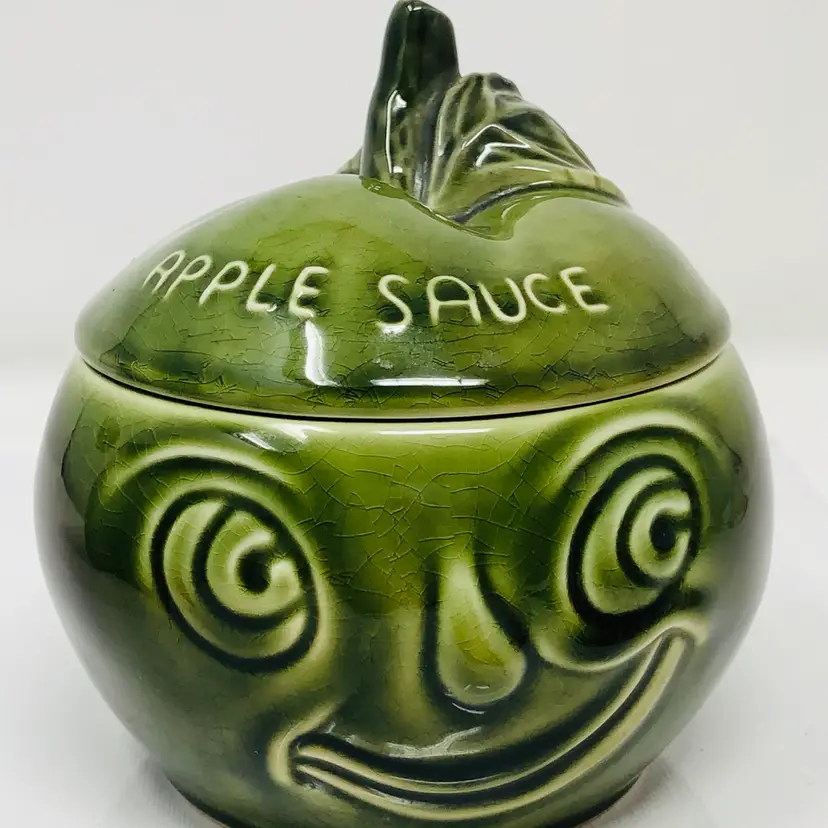 Anthropomorphic SylvaC Apple Sauce Pot with Lid and Smiling Eyes