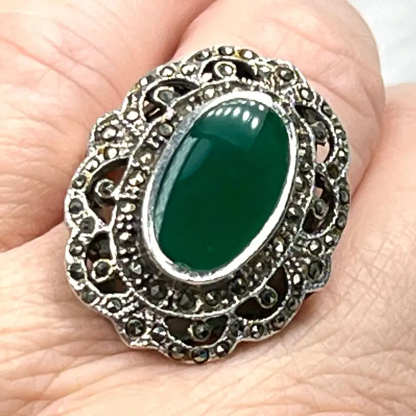 Chrysoprase Chalcedony Apple Green Color Oval Translucent Gemstone Cabochon Set In a Gorgeous Victorian Design 925 Sterling Silver & Marcasite Open Filigree 8.5 Ring.