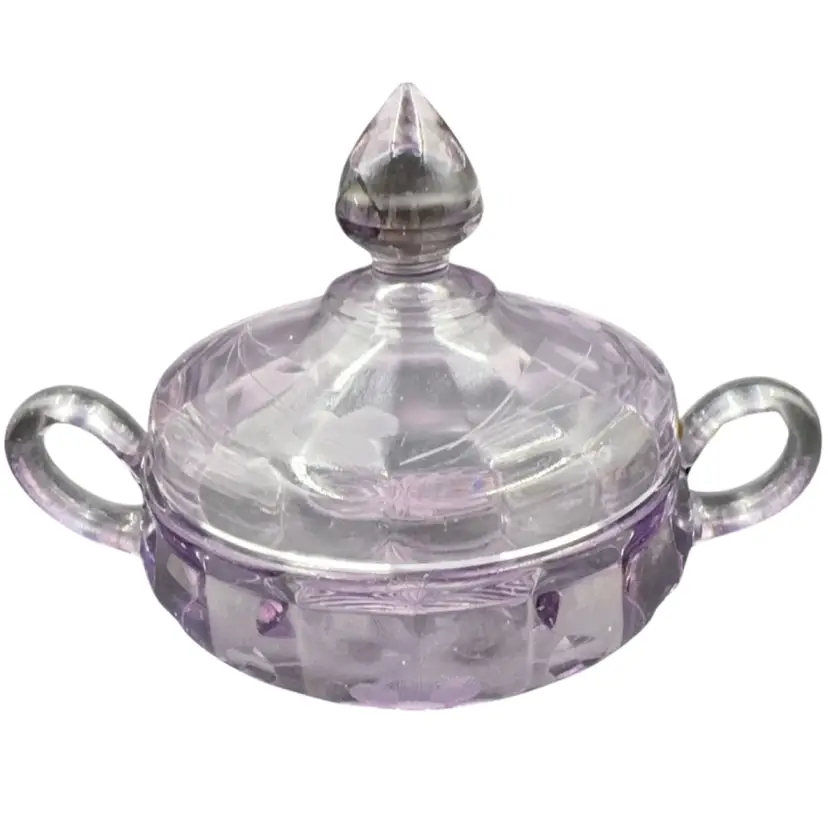 Vintage Amethyst Lidded Glass Candy Dish, Or Sugar Dish Has Floral Etched In To The Sides With Some Optics Very Nice Old Piece Of Glass. has No Makers Mark.