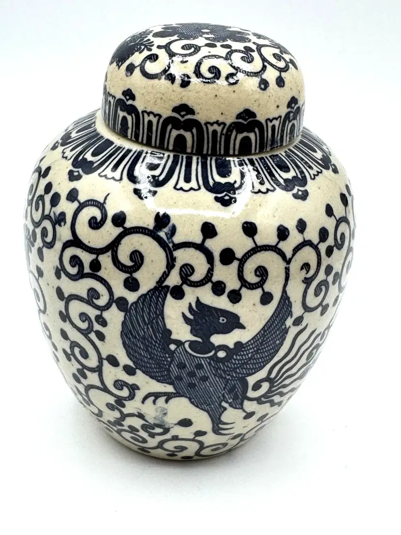 Japanese Pottery Ginger Jar Phoenix Bird Cobalt Speckled w/Lid Porcelain Vtg