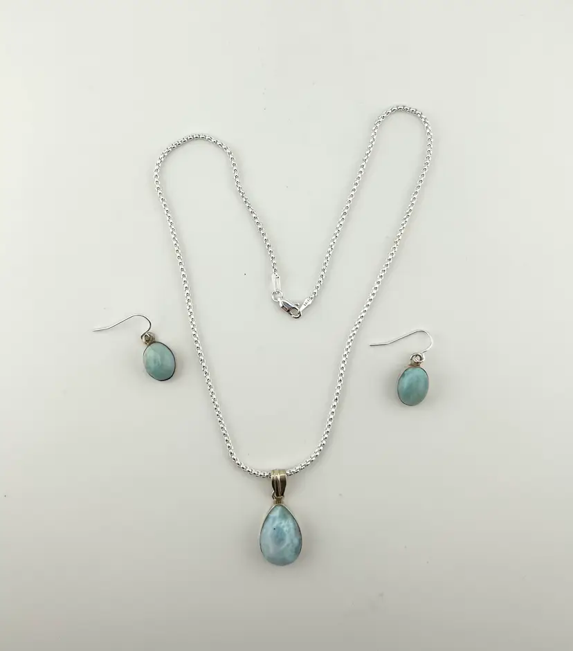 Sterling Silver Larimar Necklace and Pierced Earring Set