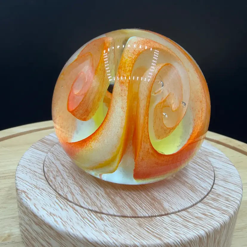 🐞 Vtg Hand-Blown  Orange Yellow White Vortex Swirl Orb 1976 Signed- 2 1/4x3”