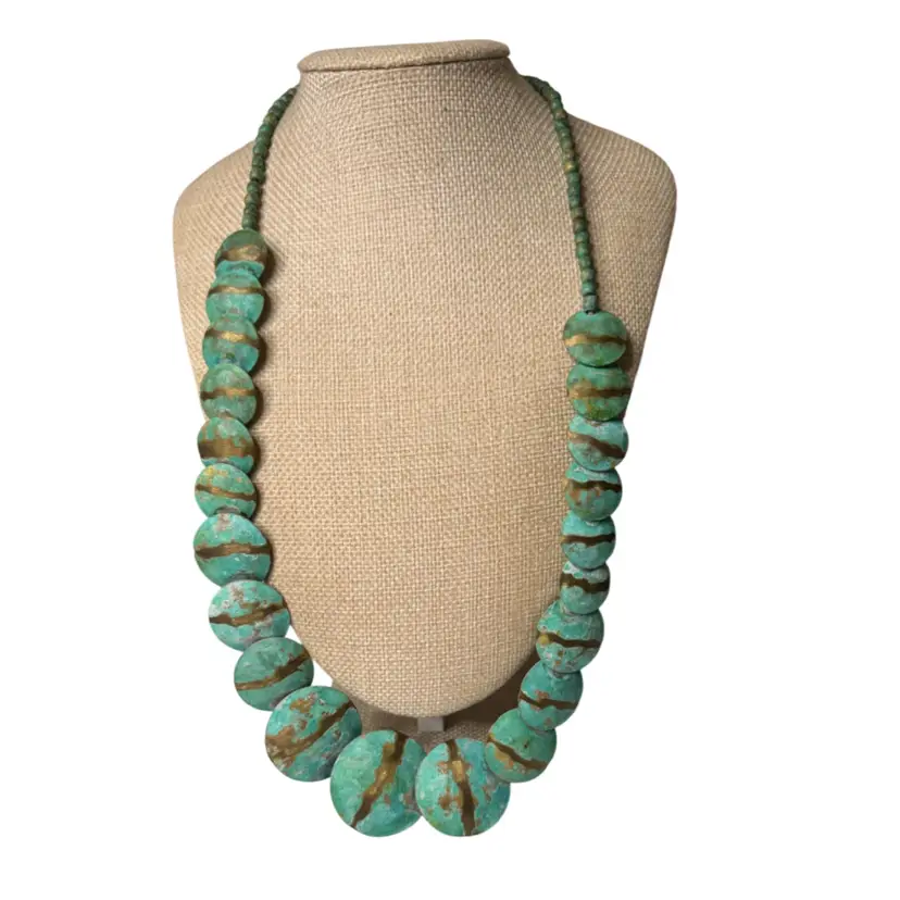Vintage 1980s Oxidized Copper Disc Statement Necklace – Chunky Verdigris Patina Boho Collar, 22"