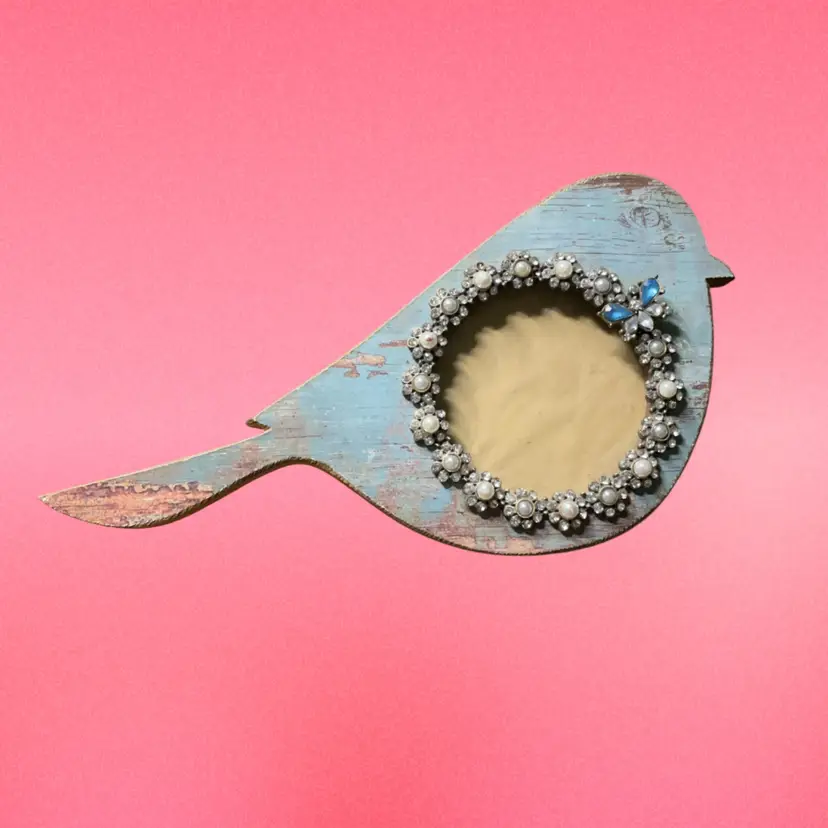 15. Pier One 1 Rhinestone Floral Wood Bird Metal 3.5” Photo Frame Picture Portrait