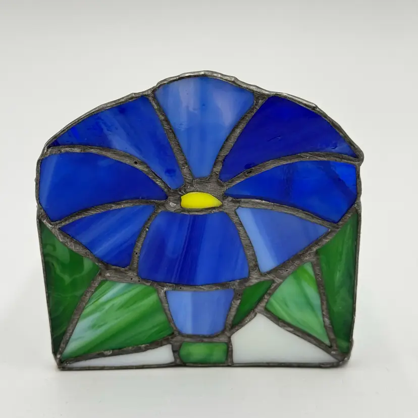Stained Glass Blue Green Floral Desk Organizer Suncatcher Napkin Holder Box