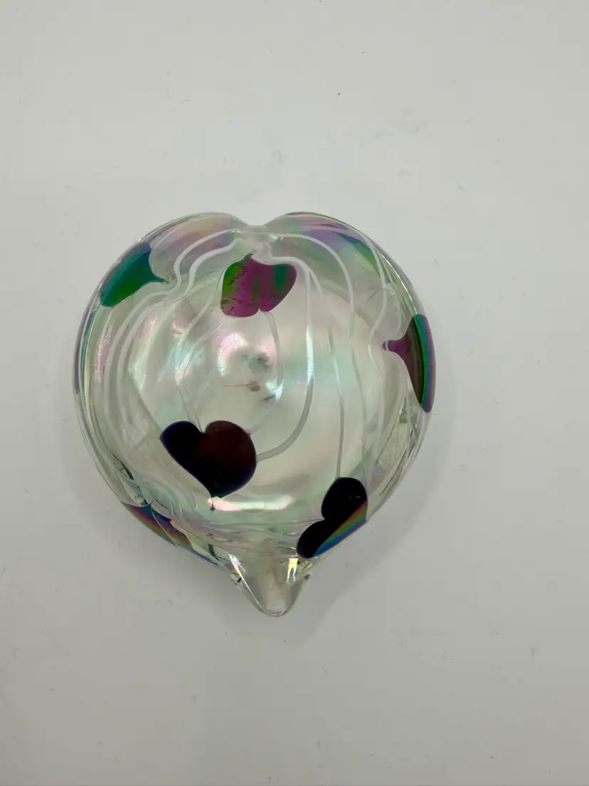 Art Glass Iridescent Hanging Heart Paperweight Heart Shaped 3 1/2”