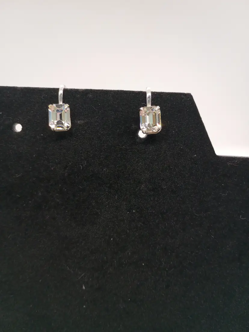 Screw Back Vintage Earrings Silver tone with rectangular clear rhinestones
