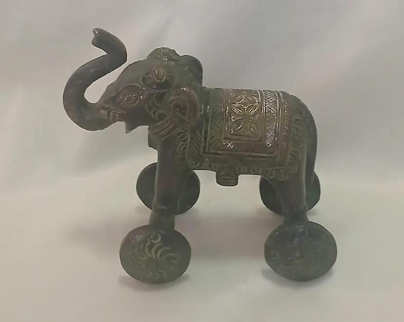 Vintage Indian Brass Temple Toy Elephant on Wheels - Etched Pull Toy 3.5" Trunk Up