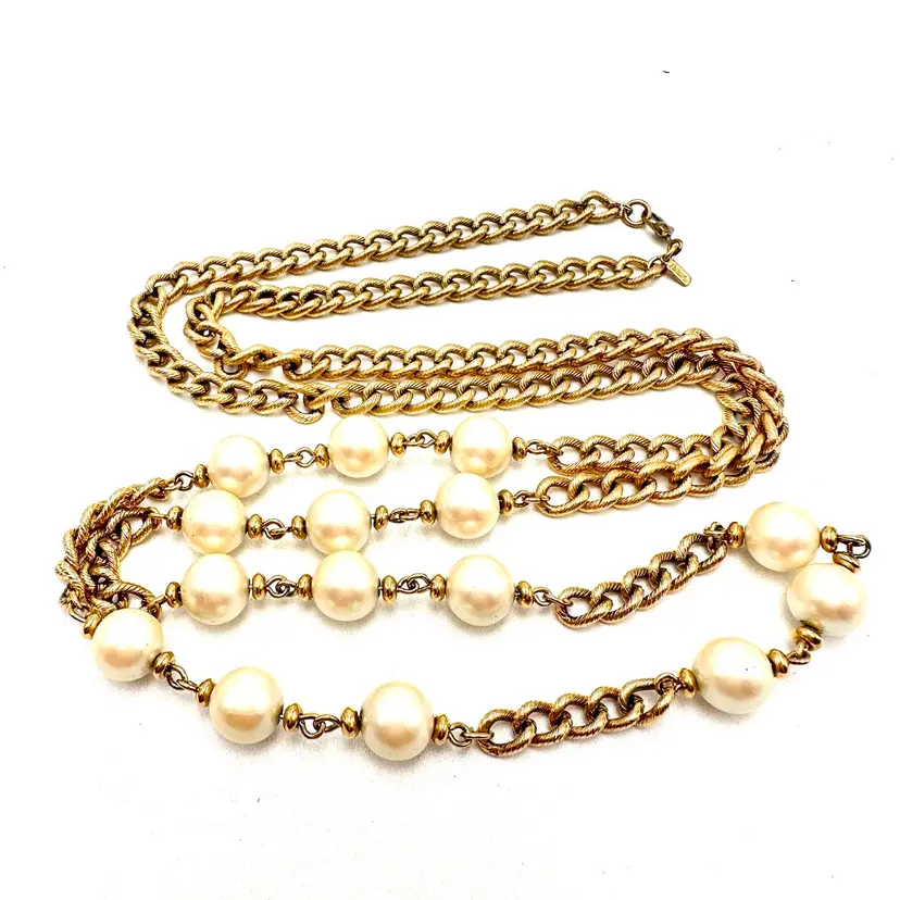 #A25 Monet Faux Pearl Long Chain Necklace Gold Tone Signed 36” L