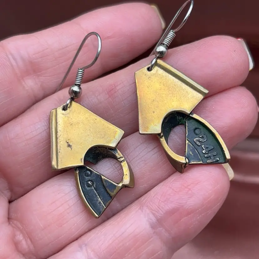 #01 Artisan Brass Abstract Geometric Dangle Earrings Modernist Mixed Metal Boho