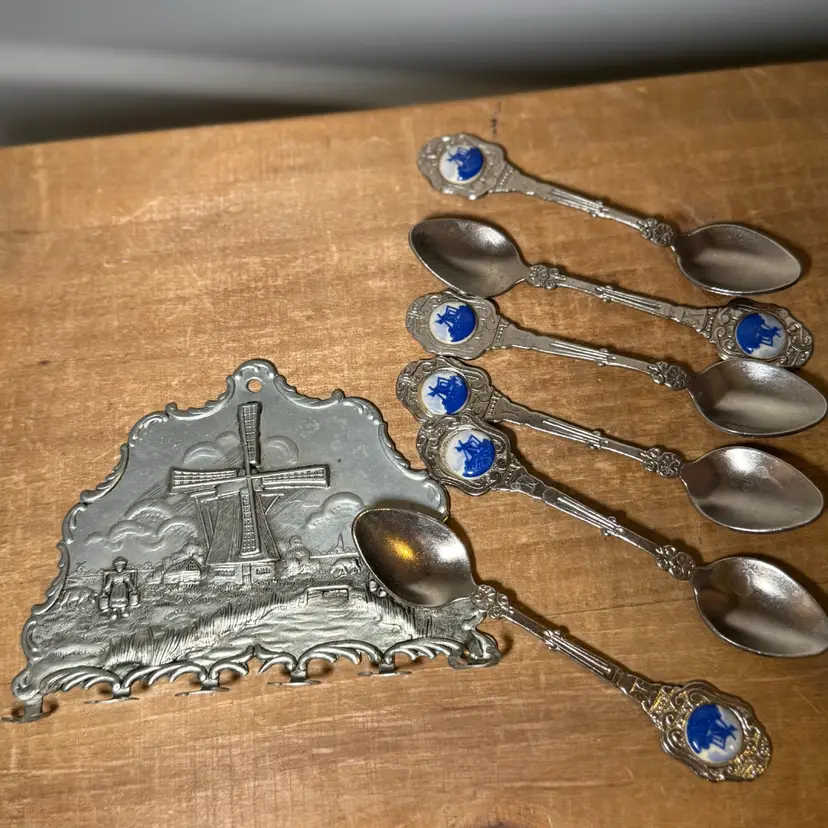 Dutch Souvenir Set of 6 Delft Blue Windmill Silverplate Spoons with Wall Display Rack