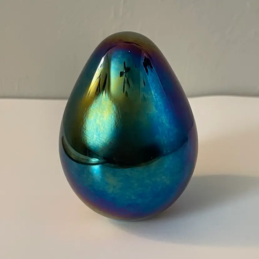 OBG Art Glass Iridescent Paperweight Egg Shaped Signed Dated 1989