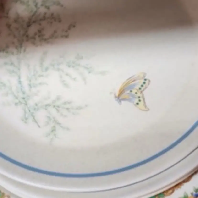 #387- Vintage 4pc Plate Set Bug Butterfly & Fern “Fancy Free” Pattern Temper-ware By Lenox USA 1977-1987