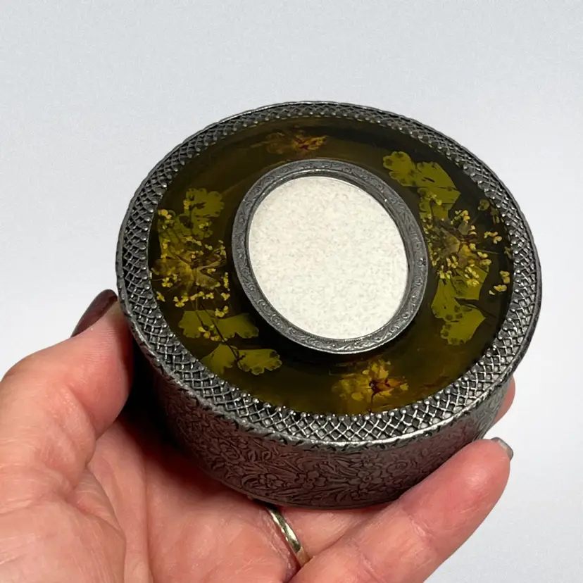 Pewter Toned Trinket Box Picture Frame Resin Dried Flowers | 3”