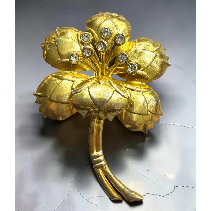 1940s Sterling Silver Vermeil with Rhinestone Accents Flower Brooch 18 grams - Tested - 3.5" x 2.25"