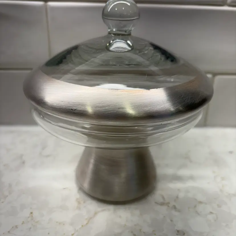 Vintage Dorothy Thorpe Style Silver Band Glass Covered Candy Dish Footed Compote