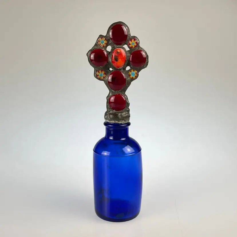 Artisan Made Leaded Millefiori Glass Cross Topped Antique Dug Bottle in Cobalt Blue Unique Suncatcher Folk Art Decor GLOWS 7"