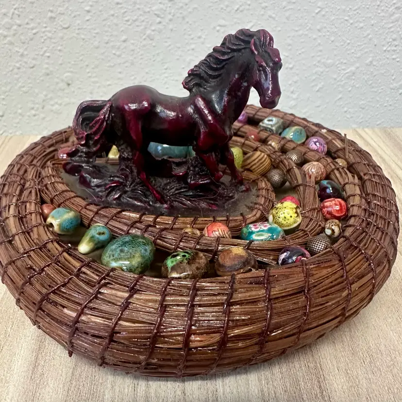 Handmade Red Resin Horse Figurine On Hand-Coiled Pine Needle Basket Top W Beads.