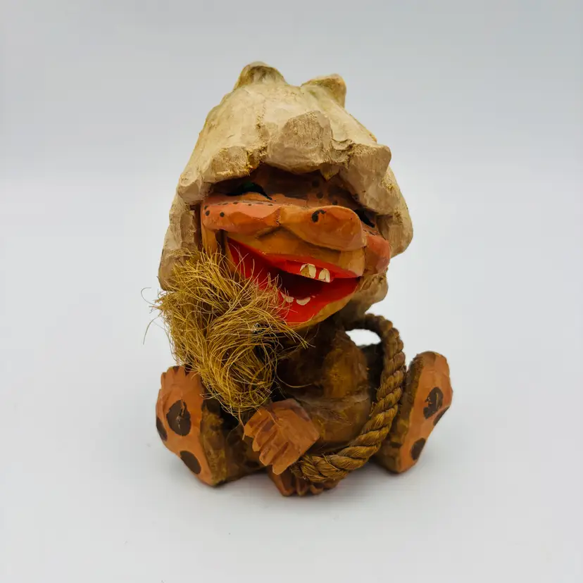 Vintage Henning Norway Hand Carved Wood Troll Figurine Rope Tail Folk Art Gnome