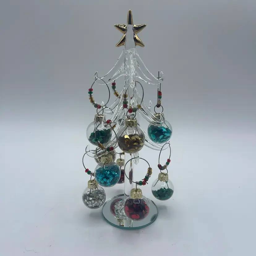 Glass Tree With Mirrored Base 10 Ornaments 8 Inches Tall