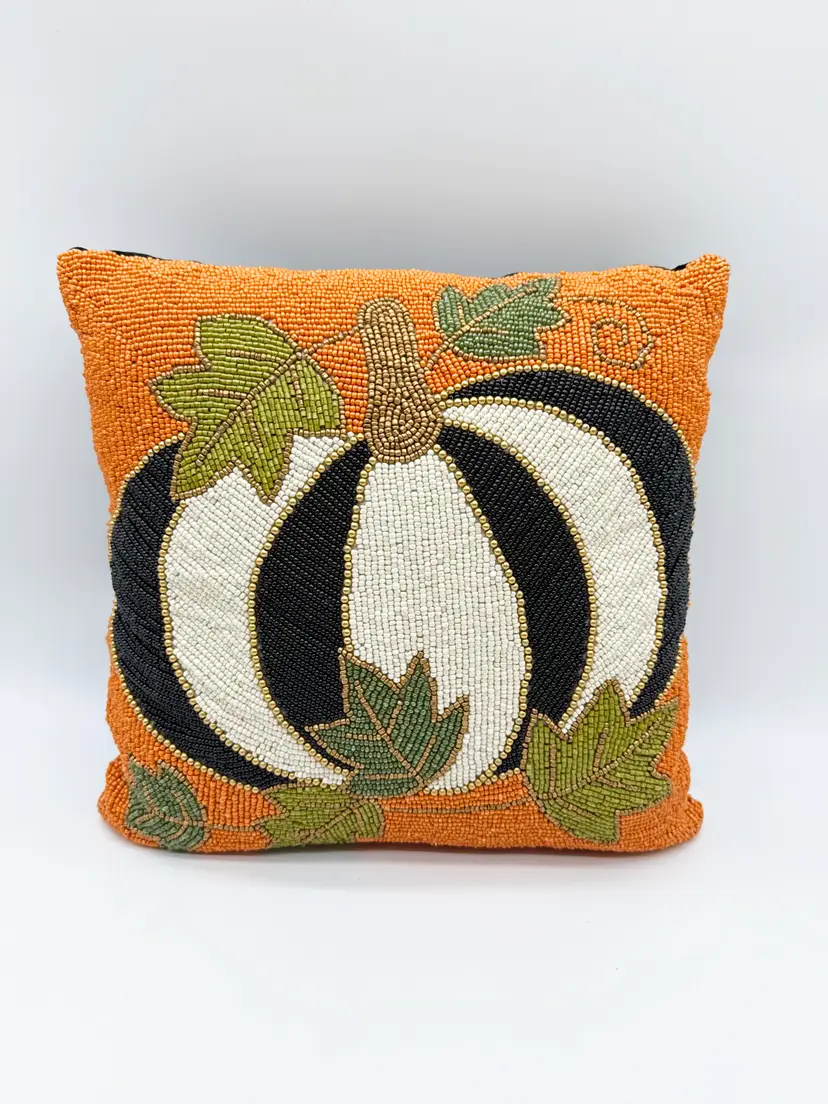 MacKenzie Childs Pumpkin Pillow Thanksgiving EUC Halloween Micro Beads